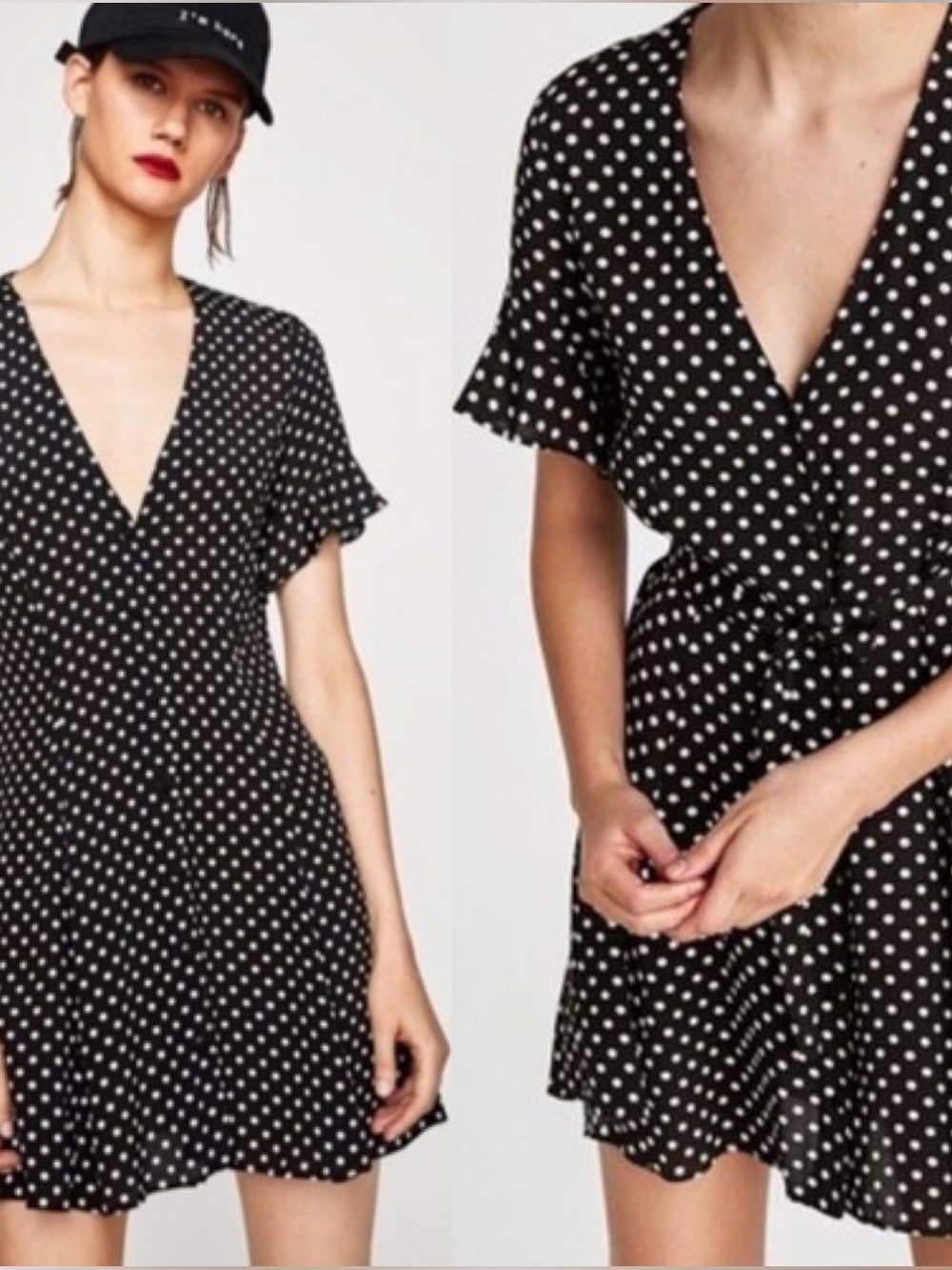 ZARA Black Polka Dot Mini Dress Size Small Ruffle Sleeve 90s Romantic - Picture 8 of 8